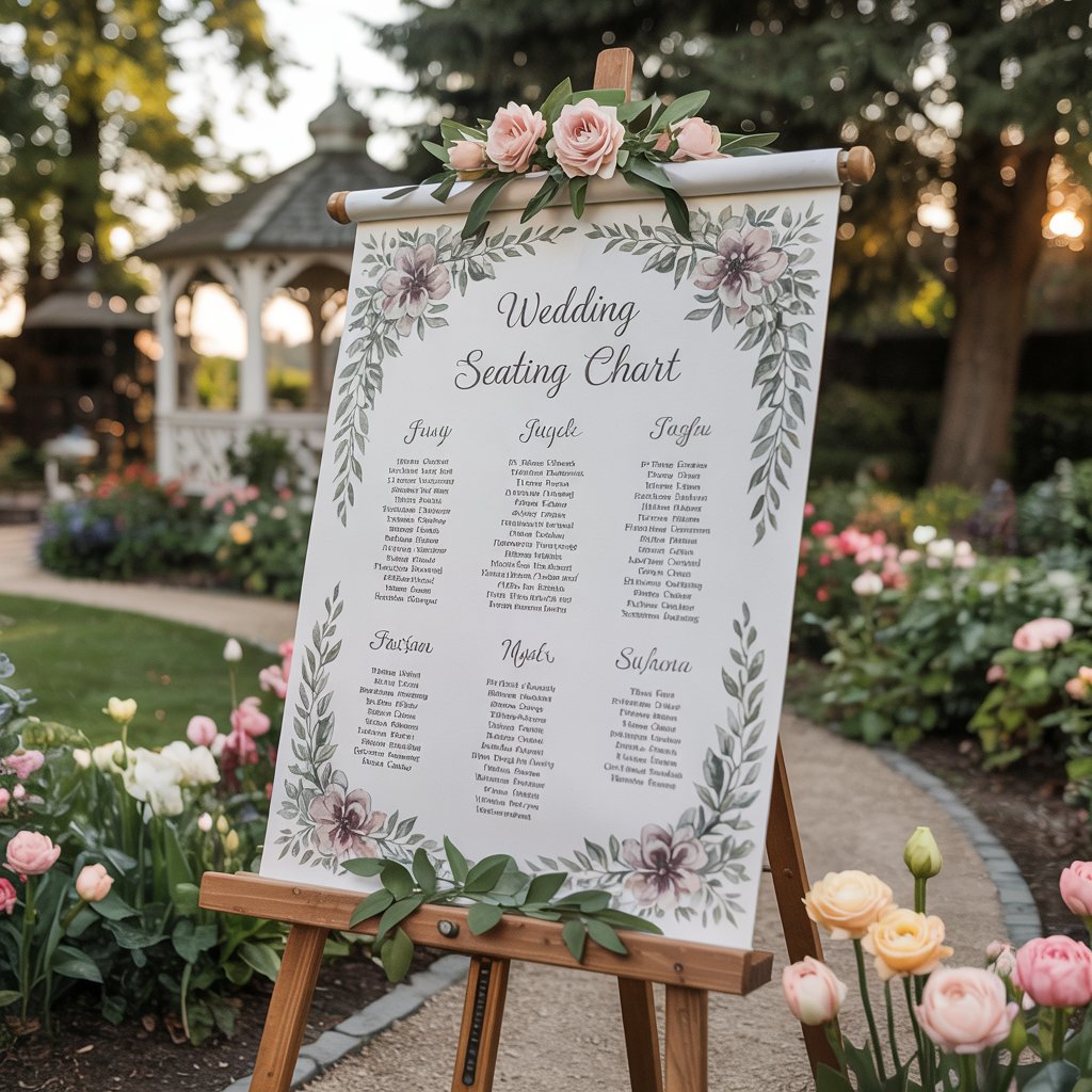 Elegant floral wedding seating chart sign on easel in garden with gazebo and flowers