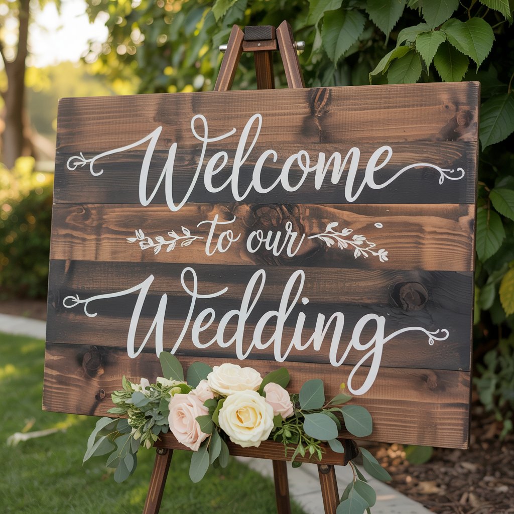 Rustic wooden wedding welcome sign with calligraphy and floral arrangement outdoors
