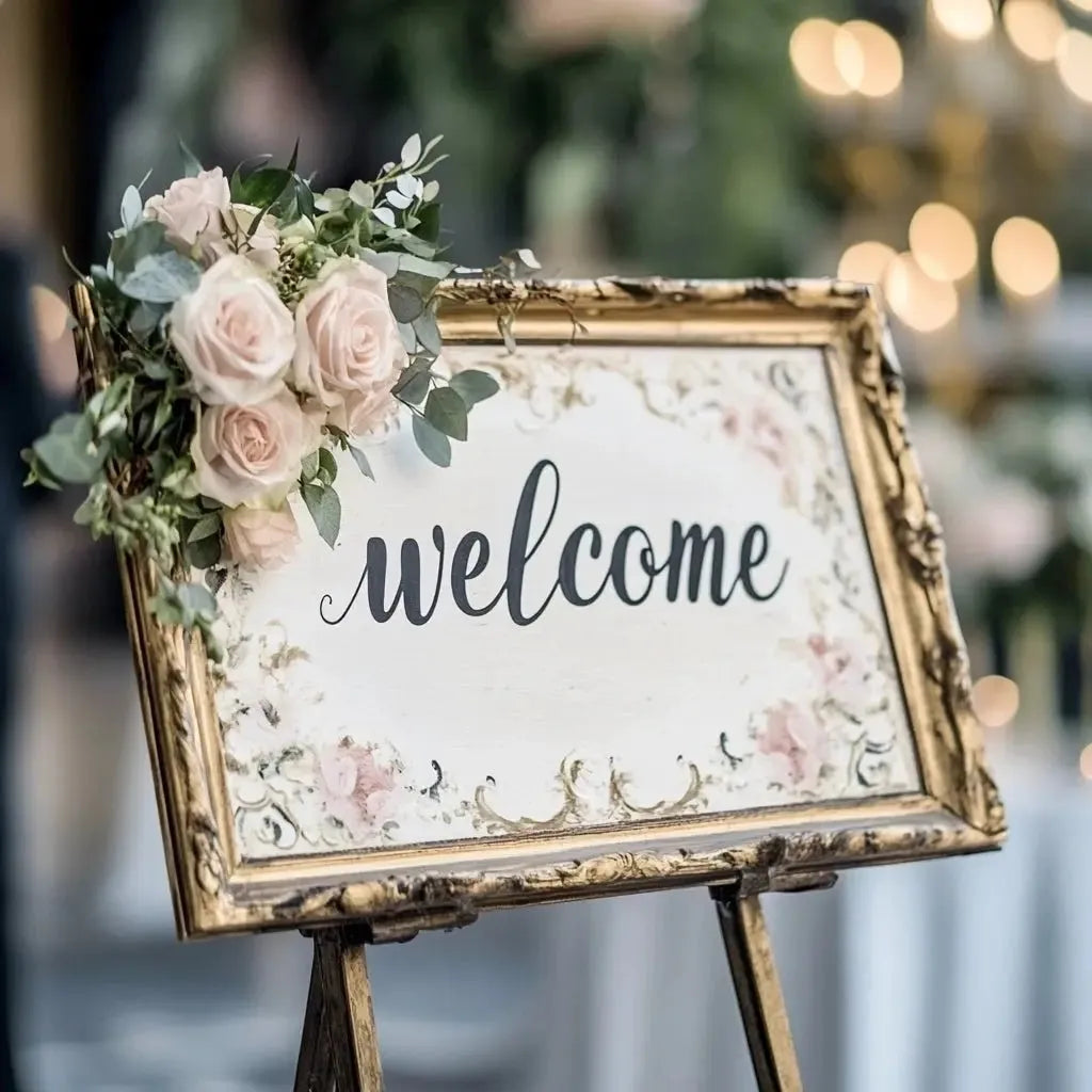 Elegant wedding welcome sign with gold frame, floral decorations, and calligraphy text.