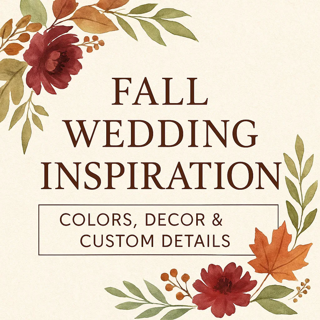 Fall wedding inspiration sign with burgundy florals, autumn leaves, and decor ideas text.