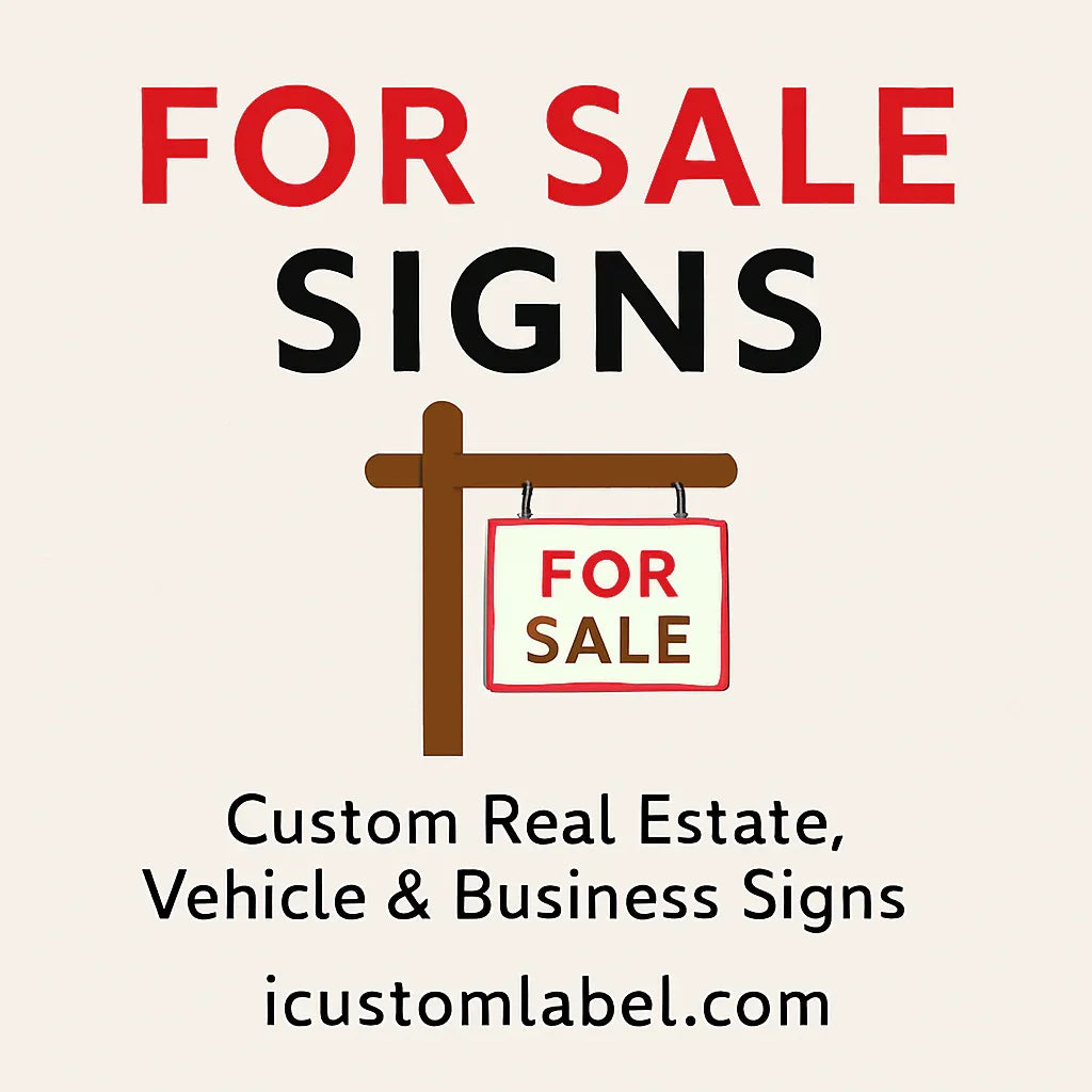 For sale signs graphic with hanging sign, promoting custom real estate, business, and vehicle signs.