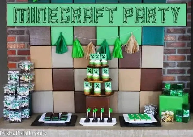 Minecraft party table with themed treats, green and brown block decor, and party favors.
