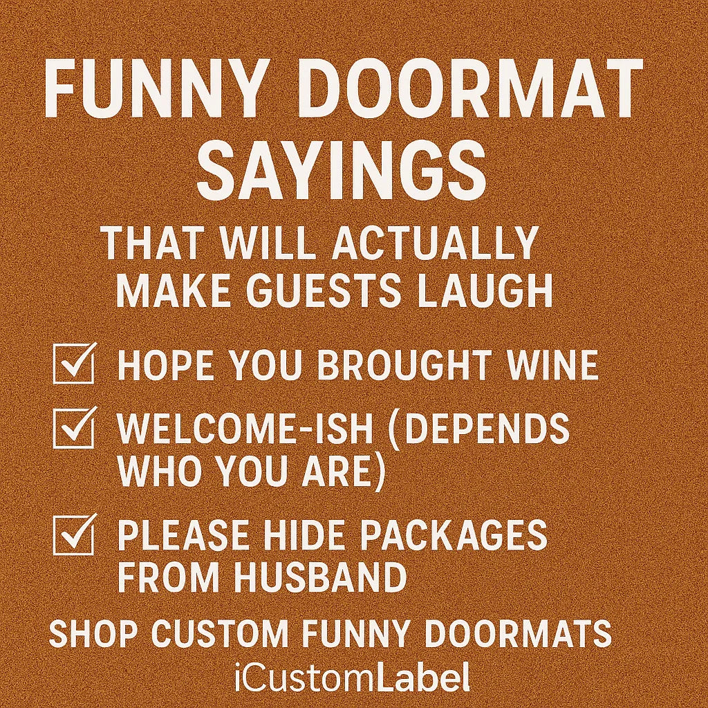 Brown background with funny doormat sayings and custom doormat shop promotion by iCustomLabel