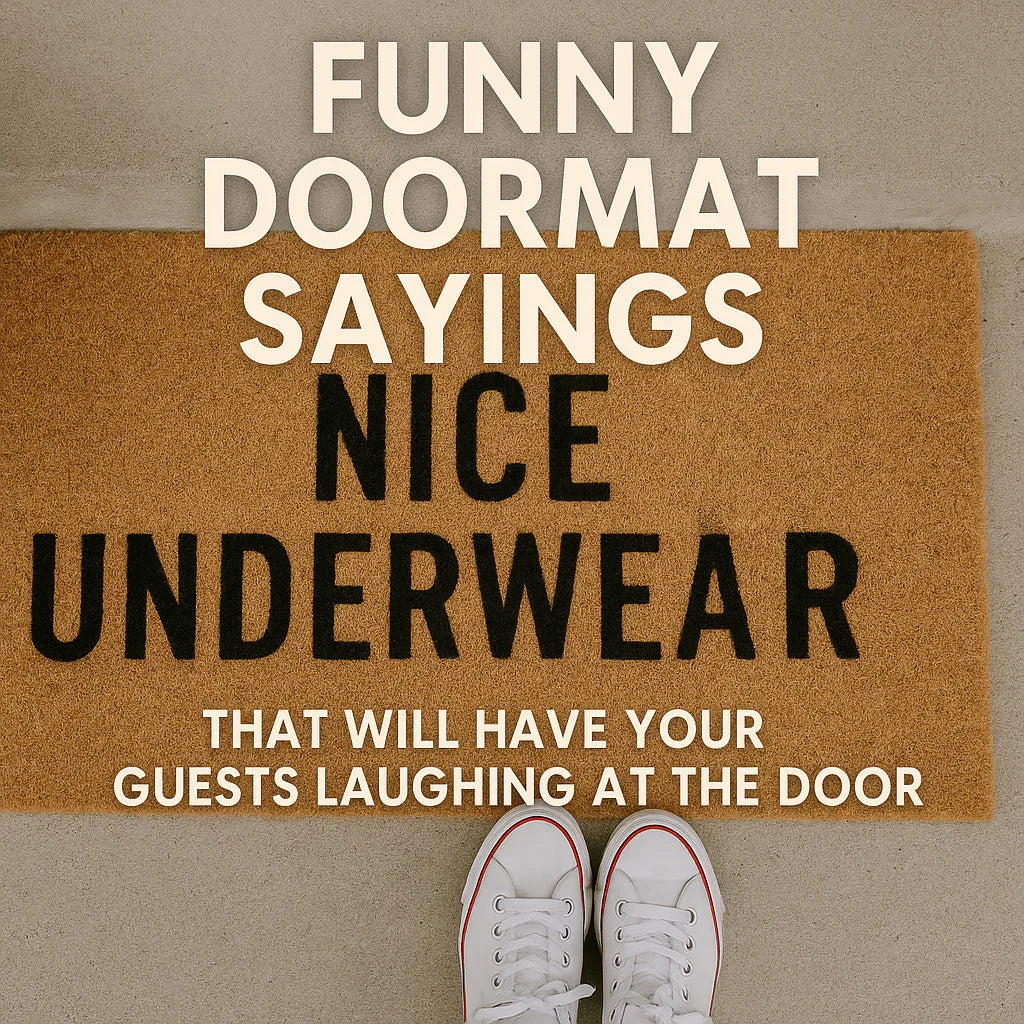 Funny doormat with 'Nice Underwear' saying on brown mat and white sneakers at the door