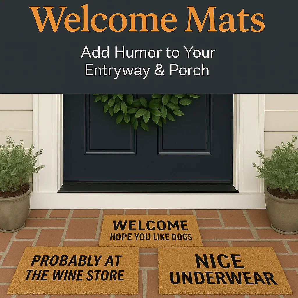 Humorous welcome mats with funny quotes at a front door entryway with potted plants