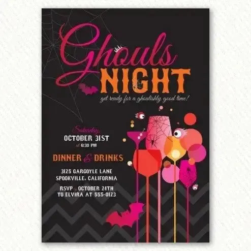 Ghouls Night party invitation with Halloween drinks, bats, spiderwebs, and event details.