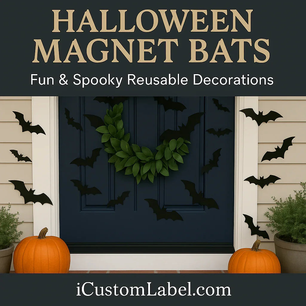 Halloween magnet bats on blue front door with green wreath, pumpkins, and spooky decor