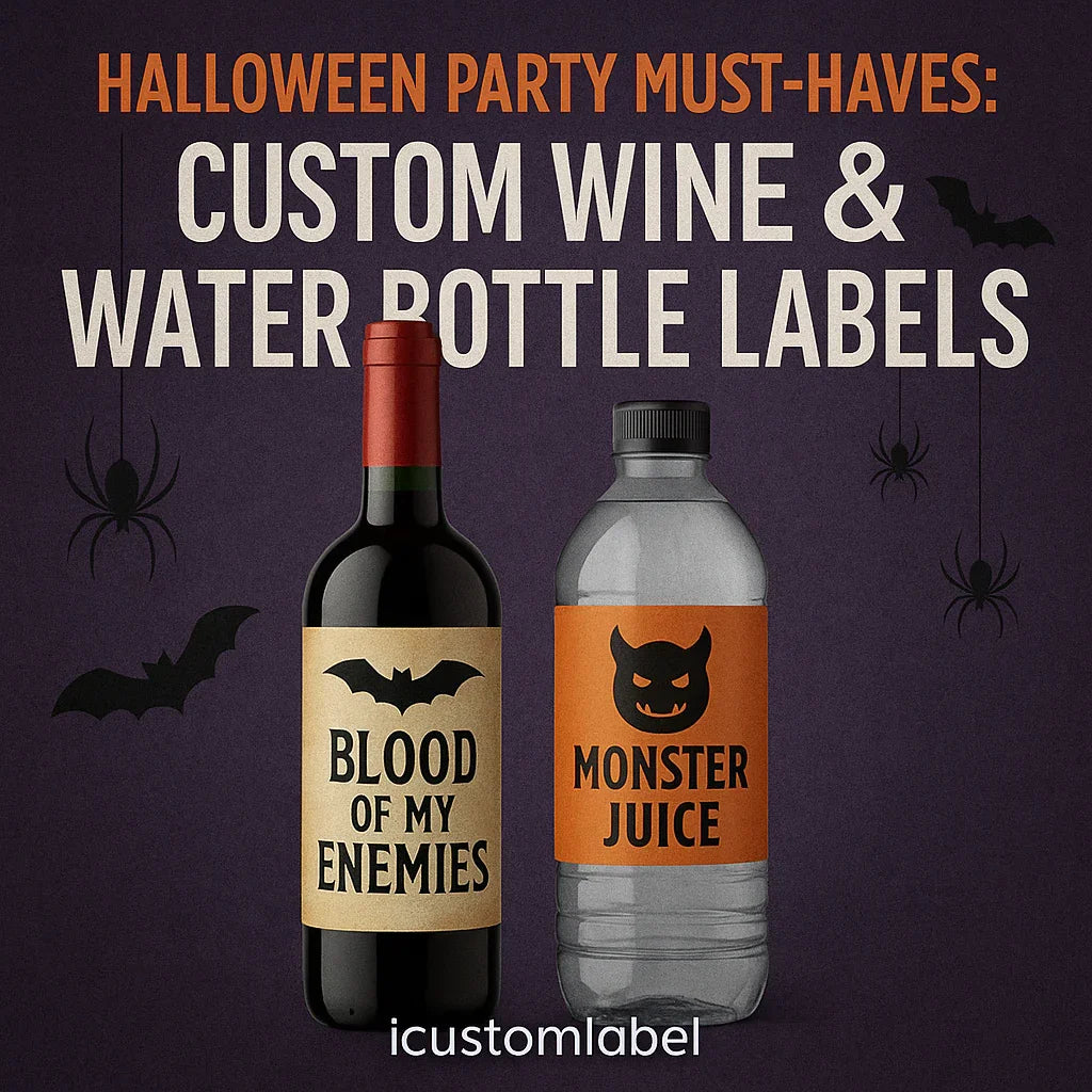 Halloween party custom wine and water bottle labels with bats and spooky designs