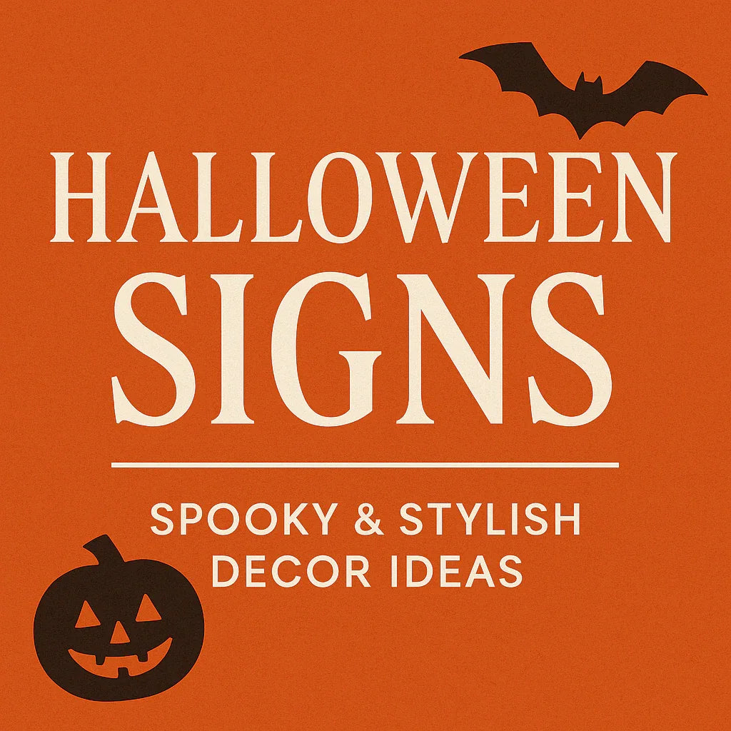 Halloween signs decor ideas graphic with bat, pumpkin, orange background, spooky design