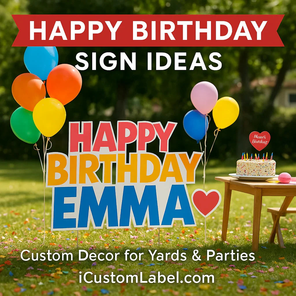 Happy birthday yard sign with balloons, confetti, and cake outdoors for party decor