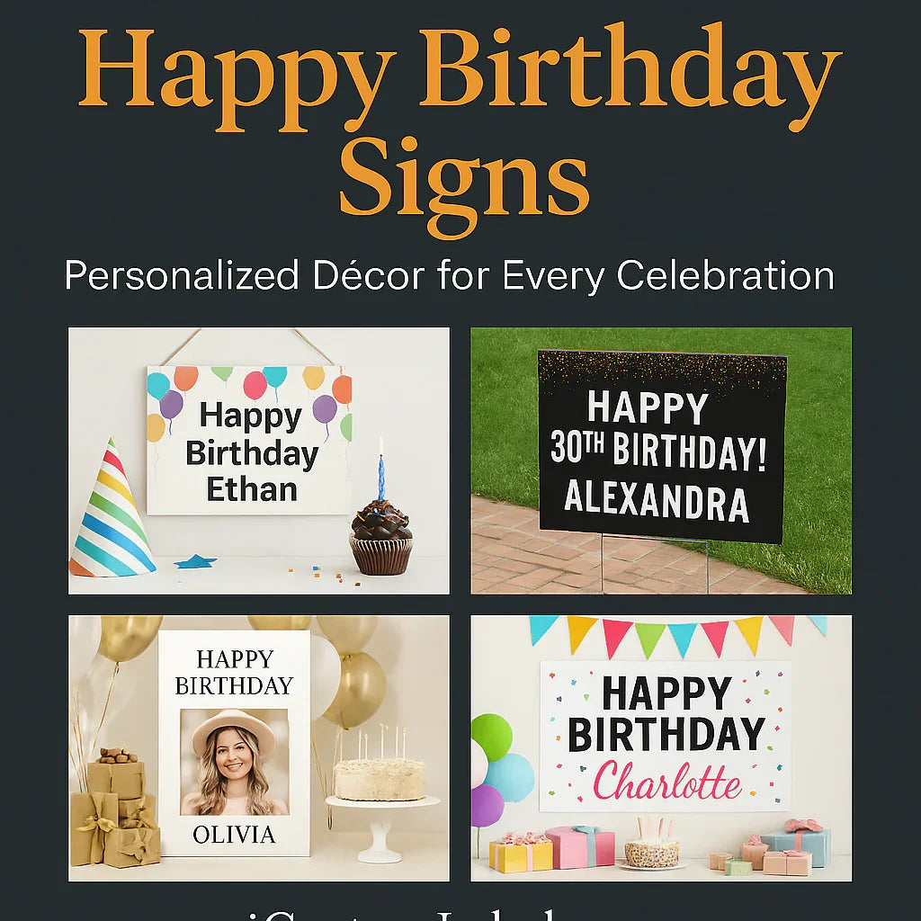 Personalized happy birthday signs with names in various styles for party decorations