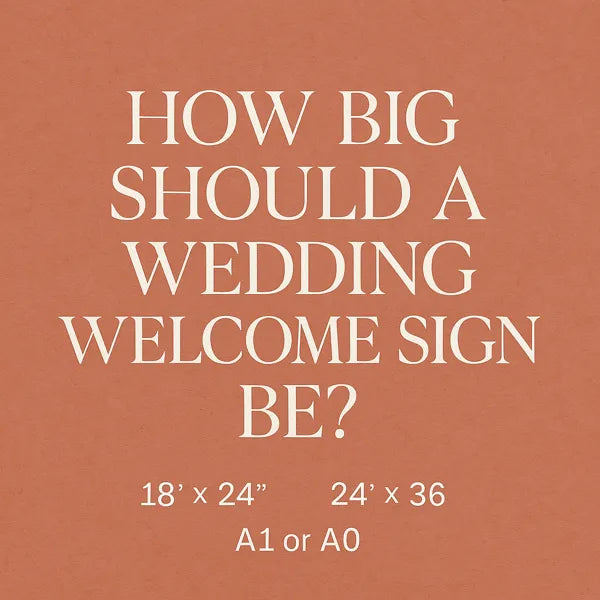 Wedding welcome sign size guide on a terracotta background with size options.