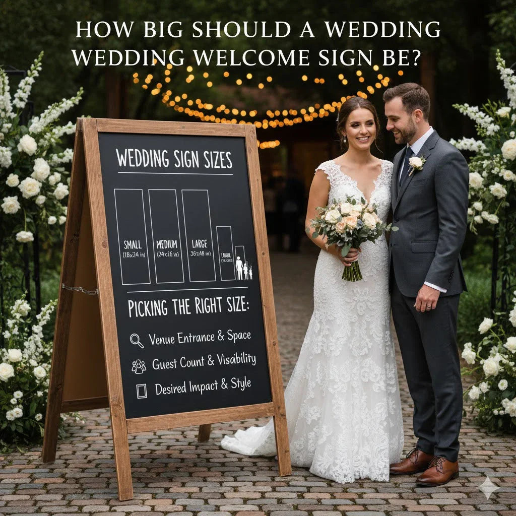 Bride and groom stand beside large wedding welcome sign size guide at outdoor venue