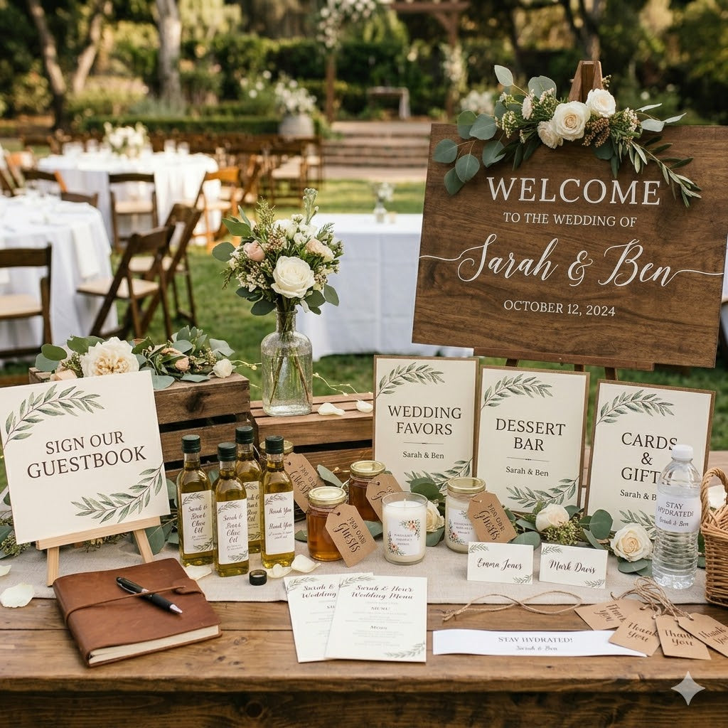 Custom wedding labels and signs laid out on a table for a wedding