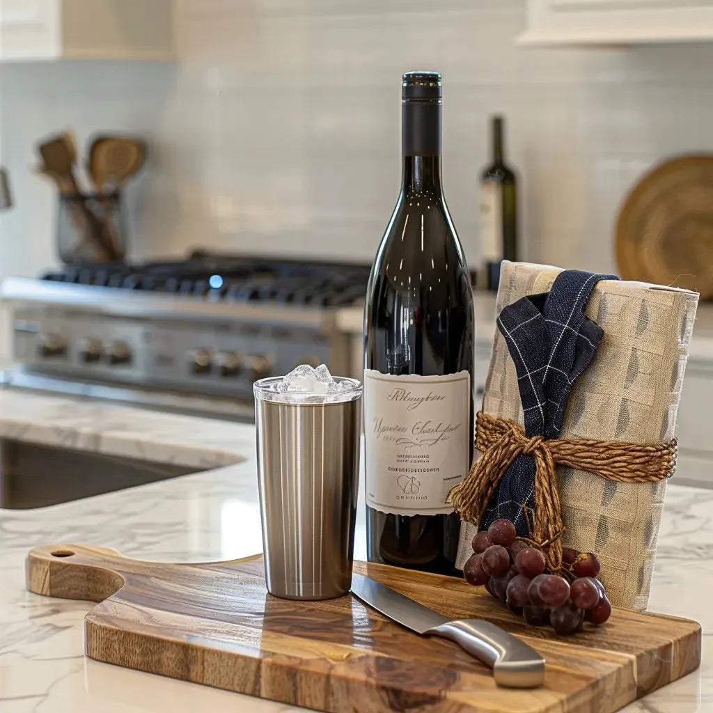 Realtor closing gift set with wine, ice tumbler, wrapped towel, grapes, and knife on kitchen counter