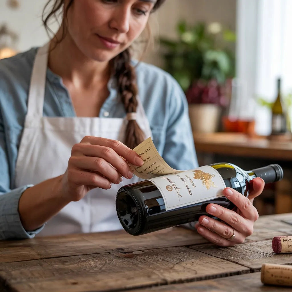 Woman peeling custom label from wine bottle at rustic wooden table in kitchen setting