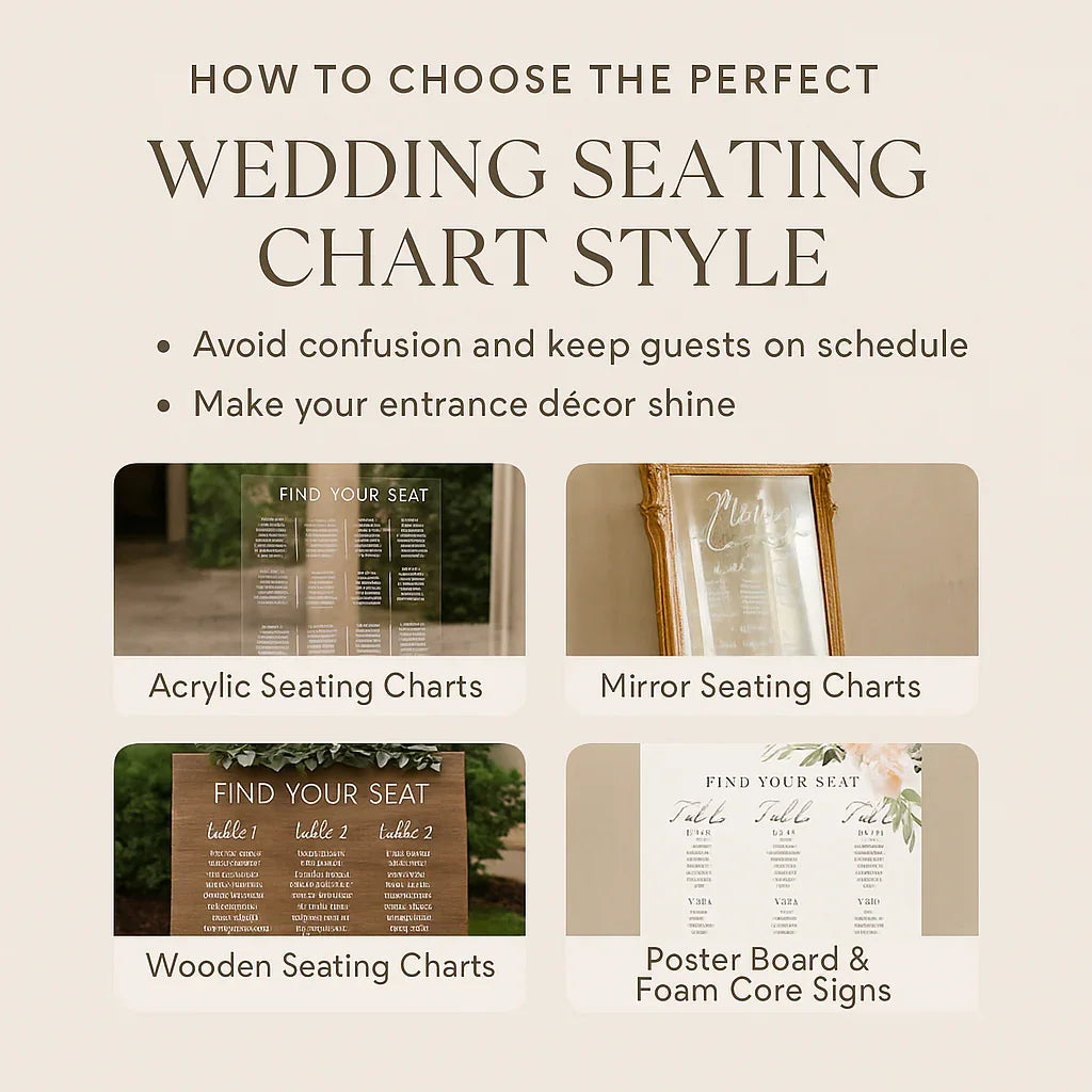 Wedding seating chart style options: acrylic, mirror, wooden, and poster board charts.