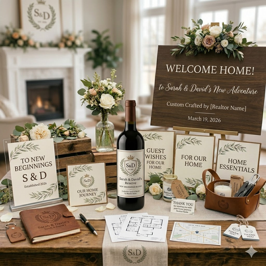 Personalized realtor closing gift with custom wine label and welcome sign