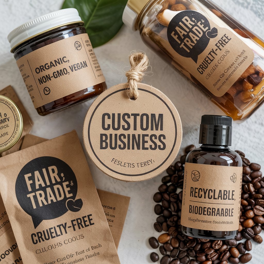Custom business eco-friendly product labels on jars, bottles and bags with coffee beans