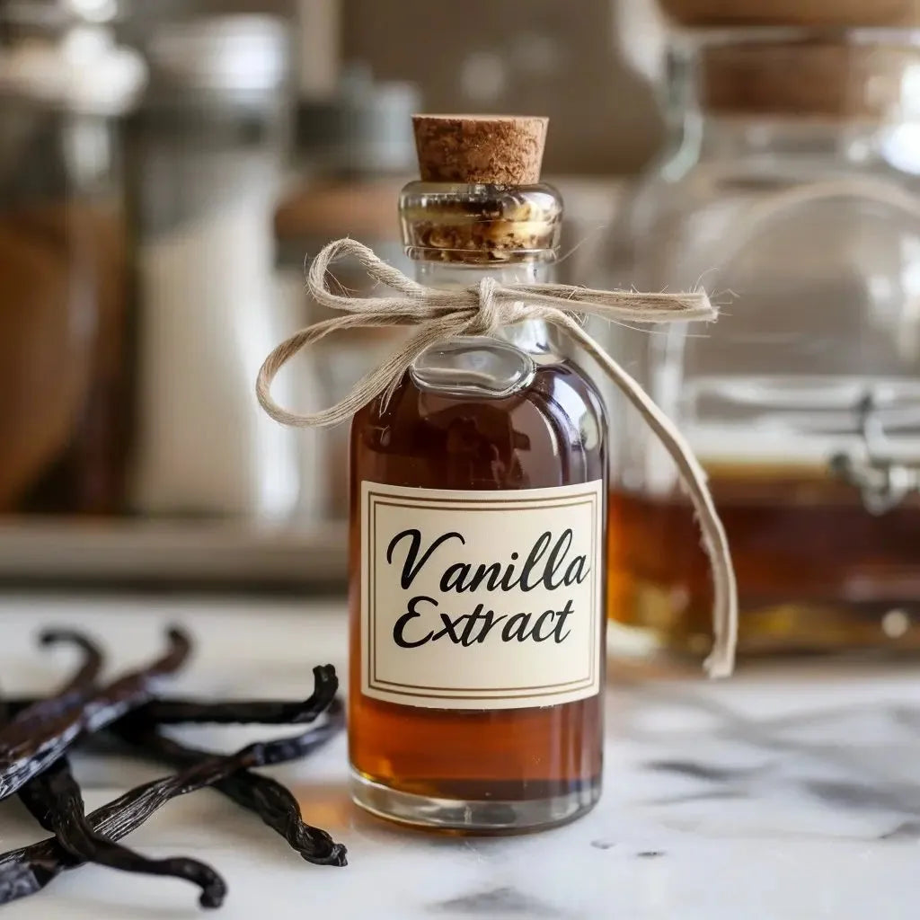Labeled glass jar of vanilla extract with cork and bow, next to vanilla beans on kitchen counter