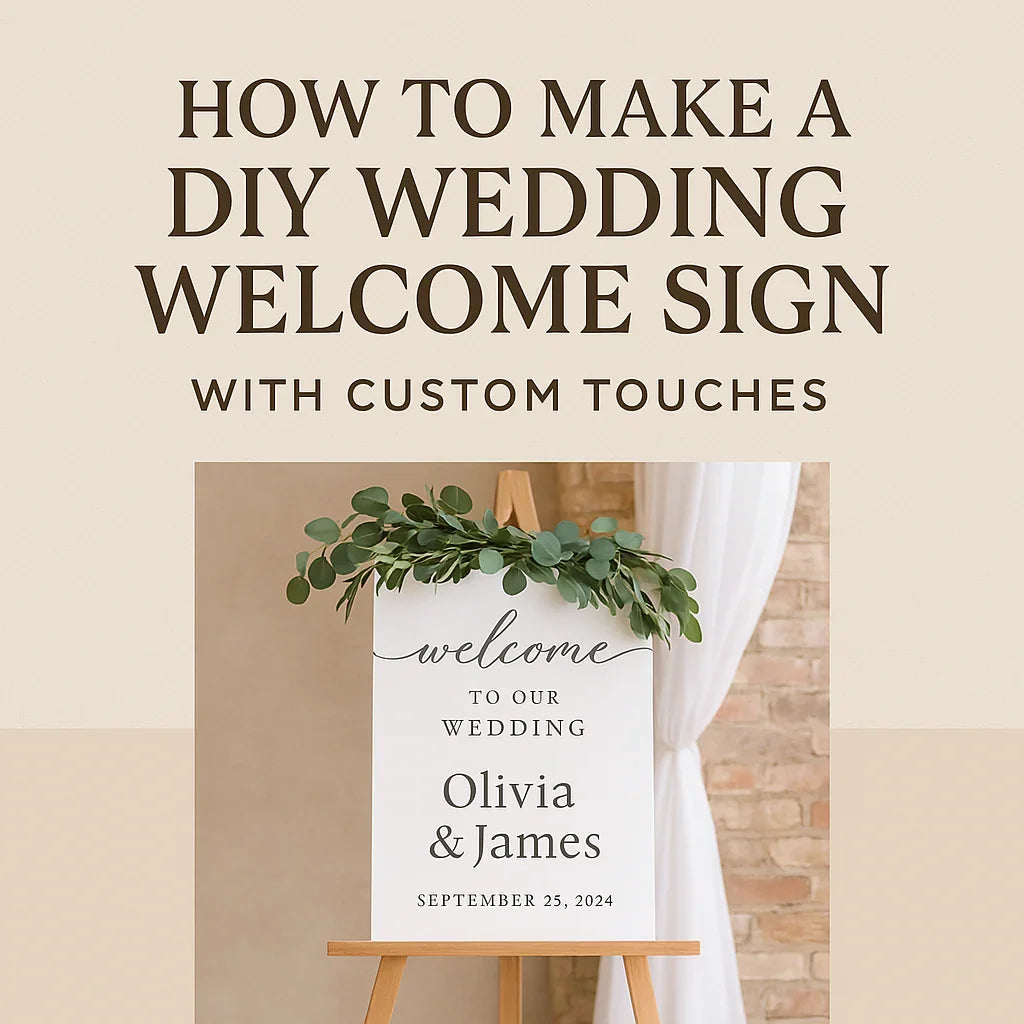 DIY wedding welcome sign on easel with greenery, personalized for Olivia & James, custom decor