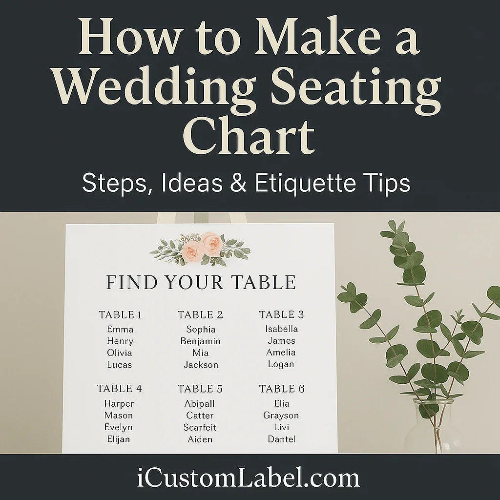 Wedding seating chart sign with table names, floral decor, and greenery, iCustomLabel branding