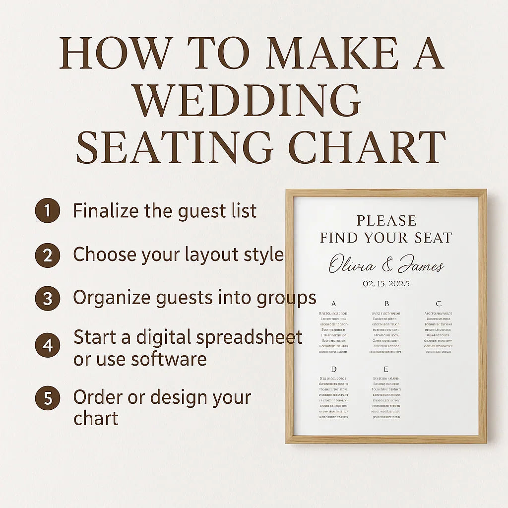Wedding seating chart guide infographic with framed seating chart example on light background