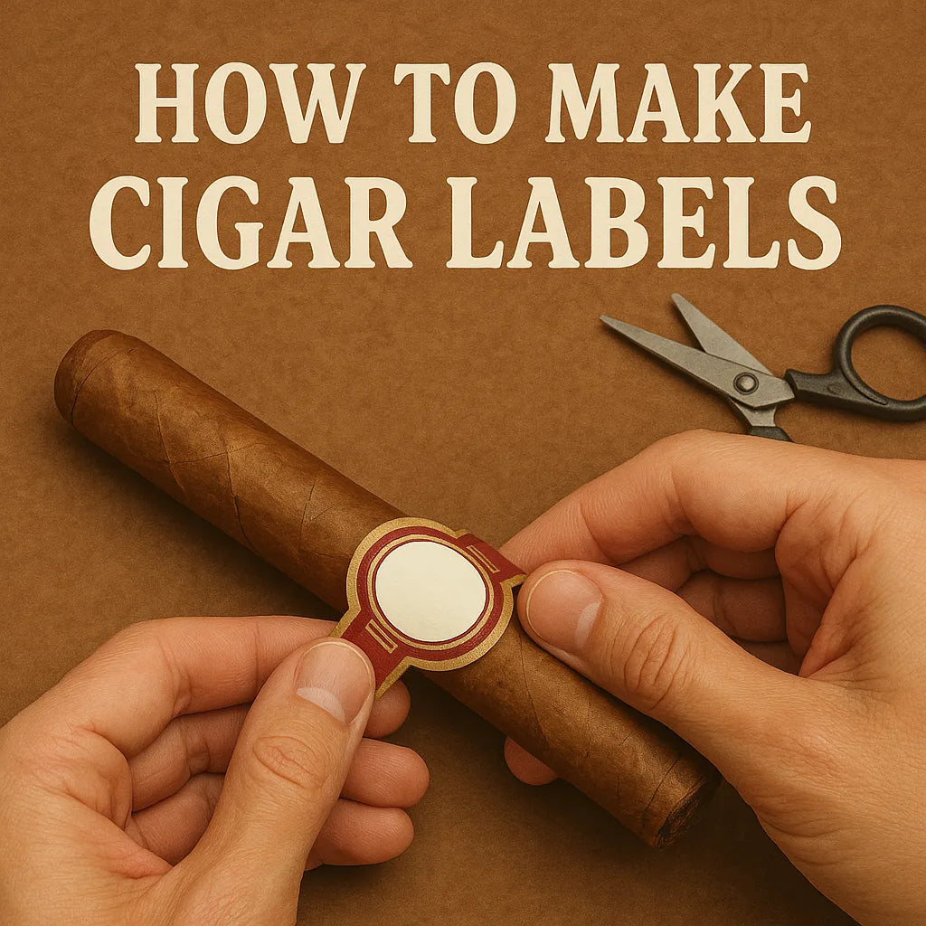 Hands applying a custom cigar label to a brown cigar with scissors nearby on a brown surface.