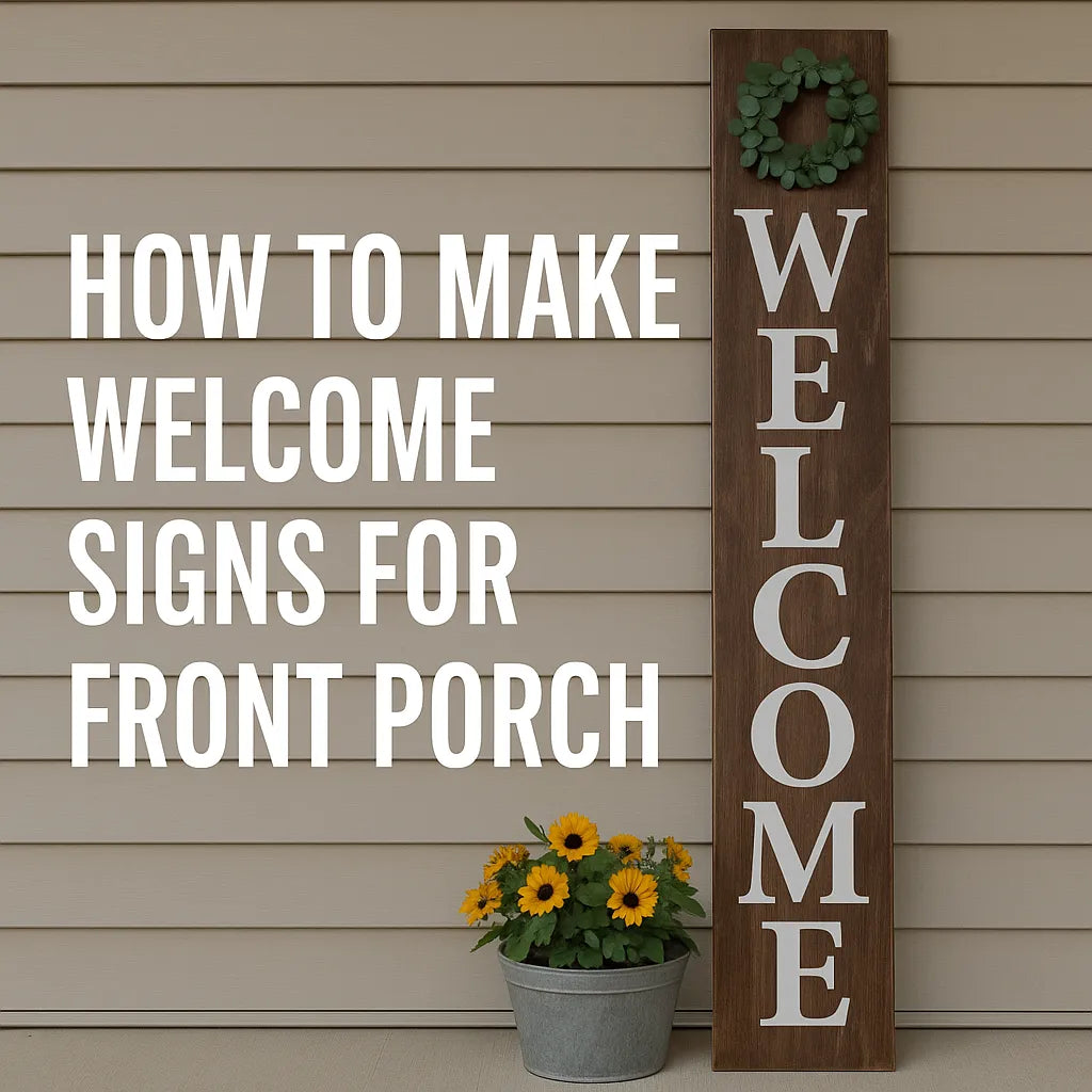 DIY wooden front porch welcome sign with greenery wreath and yellow flowers in a metal pot
