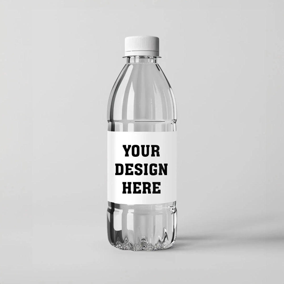 Custom water bottle with blank label and 'Your Design Here' text on a plain background