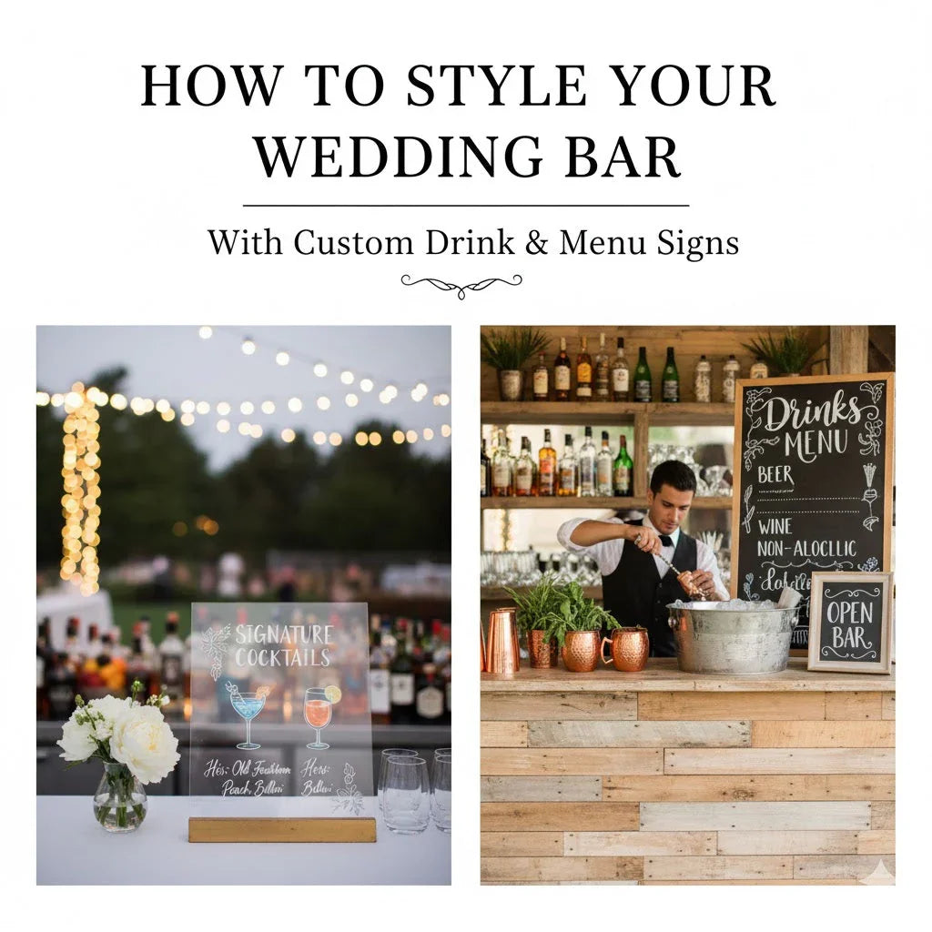 Outdoor wedding bar with custom drink and menu signs, string lights, bartender, and cocktails