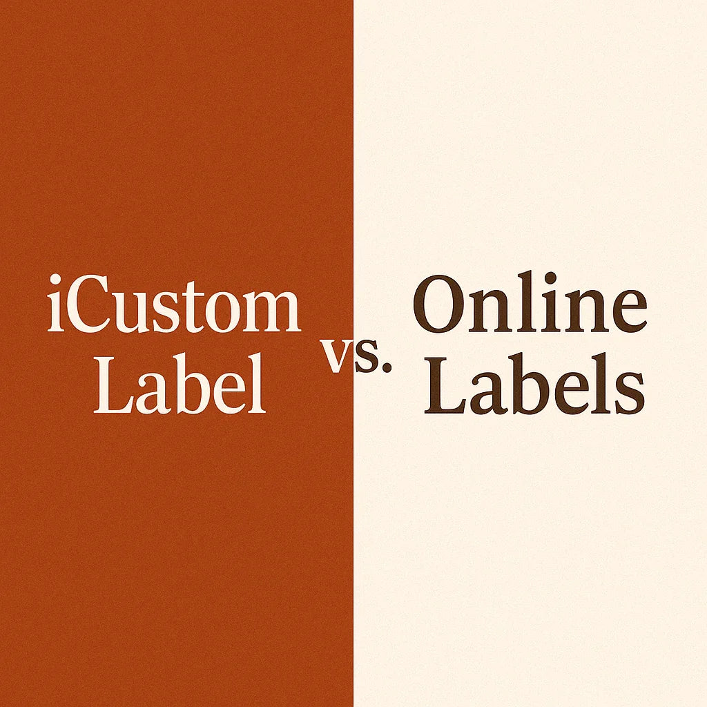 iCustomLabel vs. OnlineLabels comparison graphic with split background