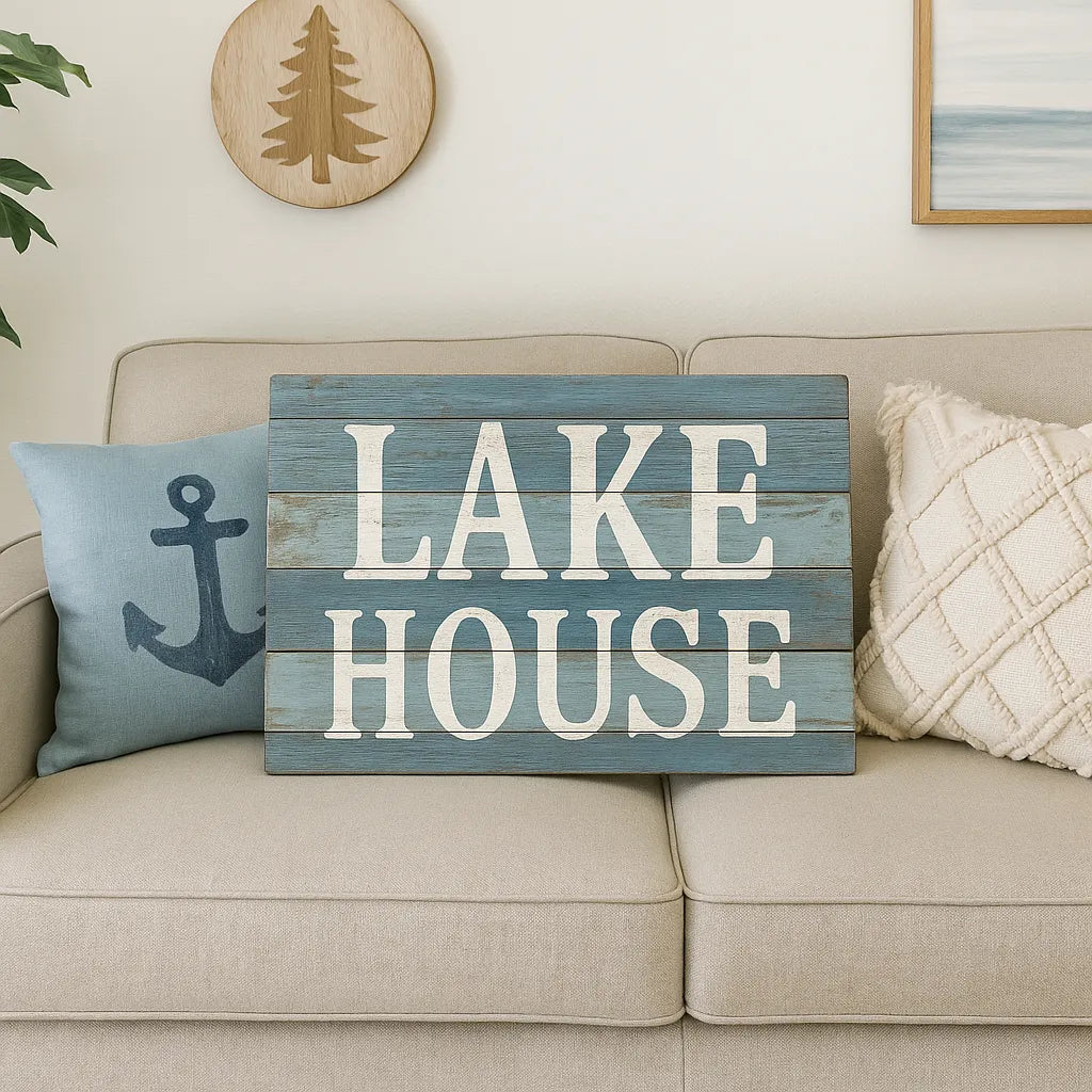 Lake house decor sign on beige sofa with anchor pillow and cozy cushions