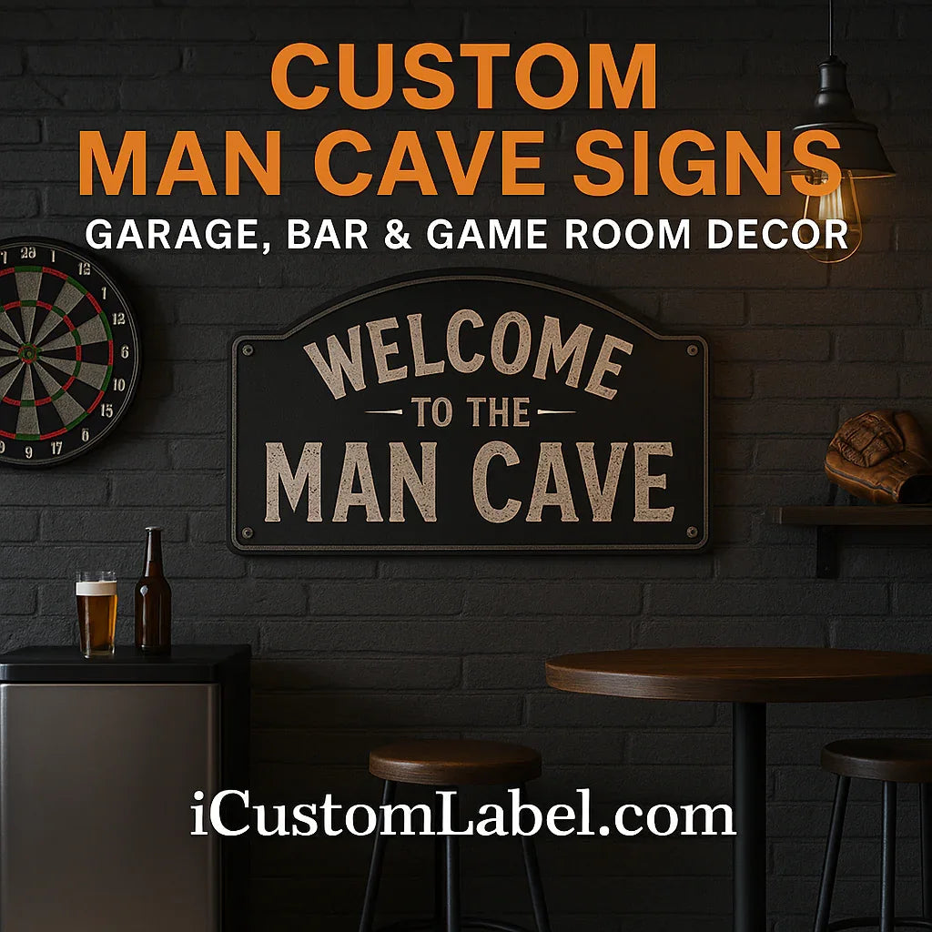 Custom man cave signs wall decor in bar game room with dartboard, stools, and fridge