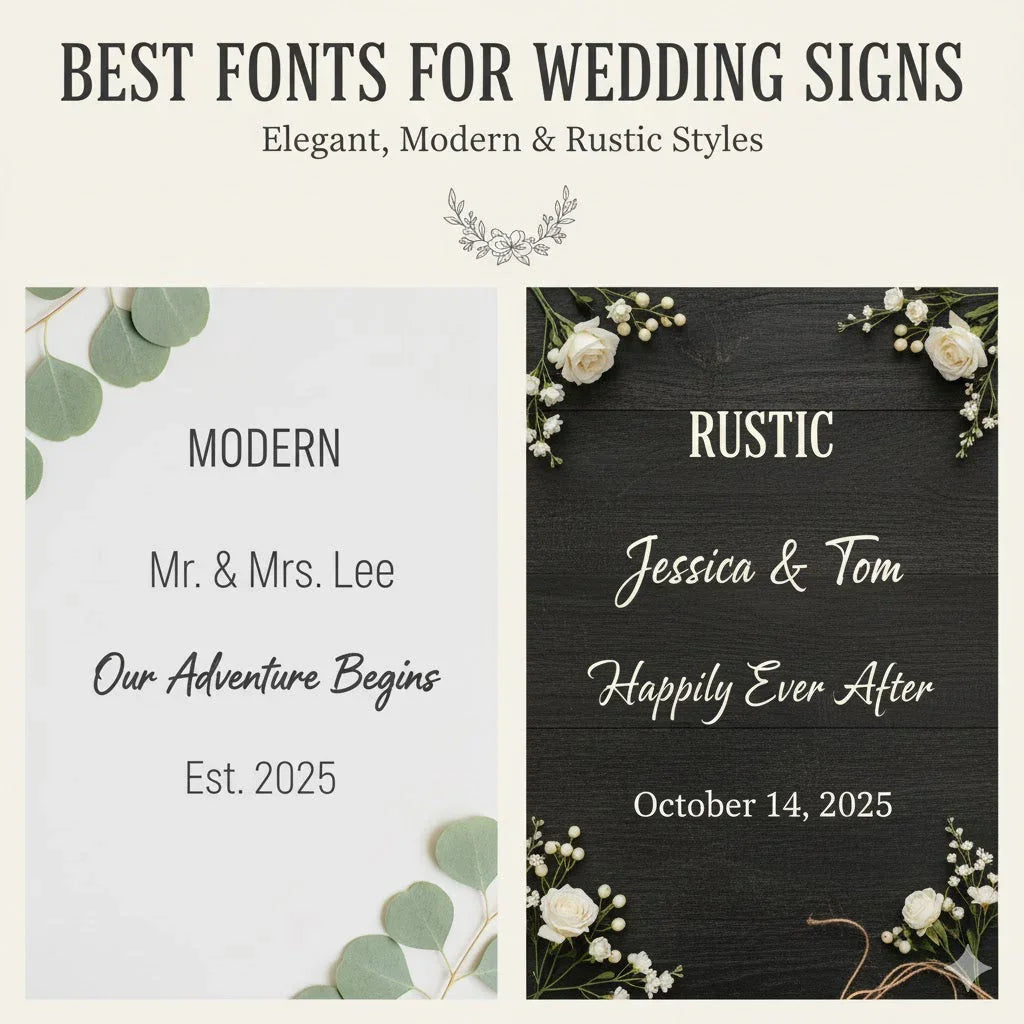 Wedding sign fonts comparison showing modern and rustic styles with floral accents