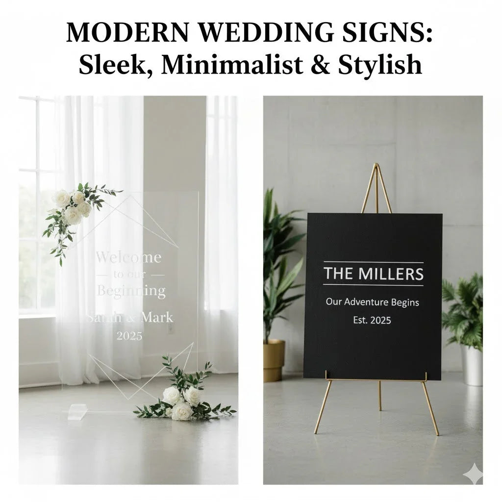 Modern minimalist wedding signs with floral accents in a bright indoor setting