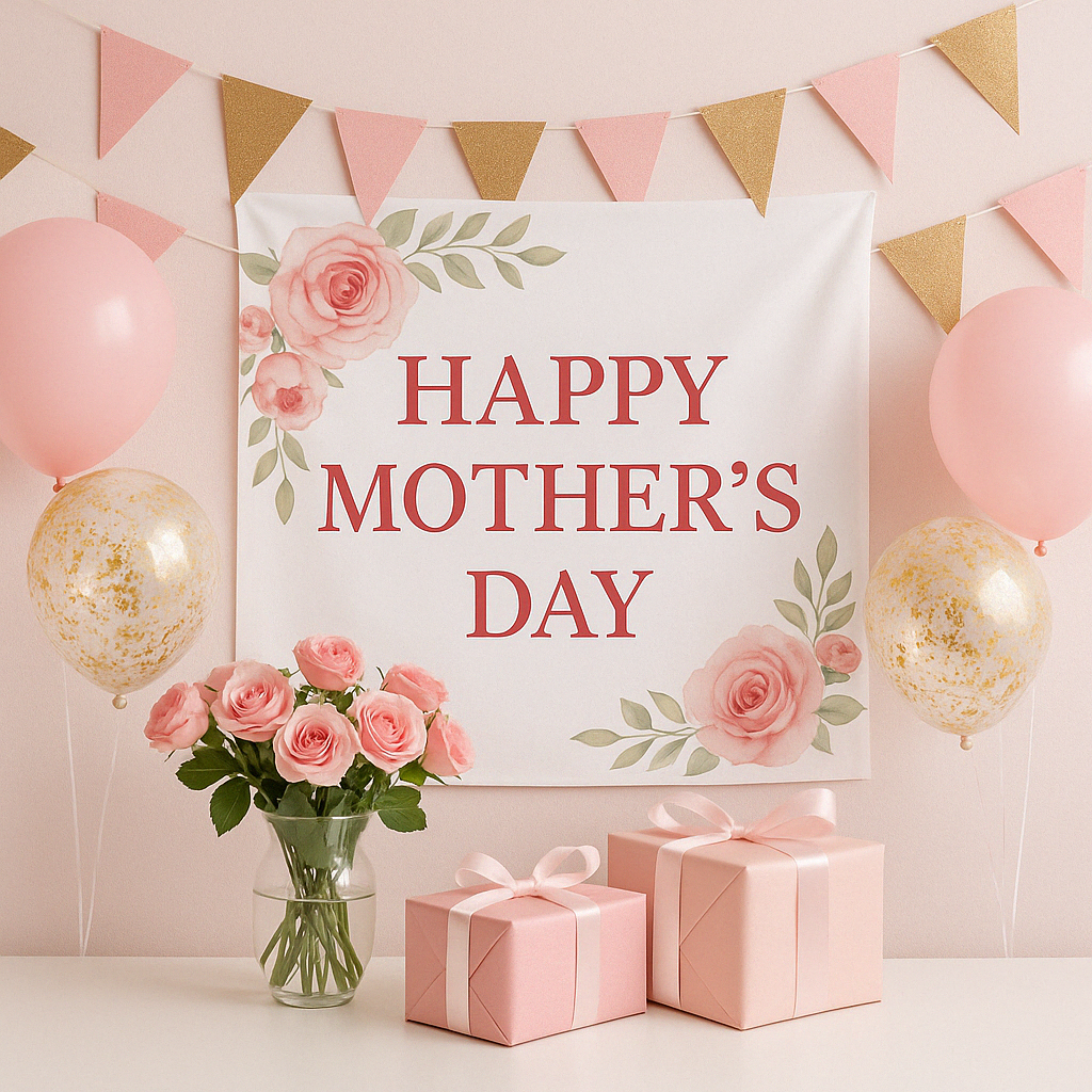 Mother's Day decorations with pink balloons, roses, gifts, and floral banner