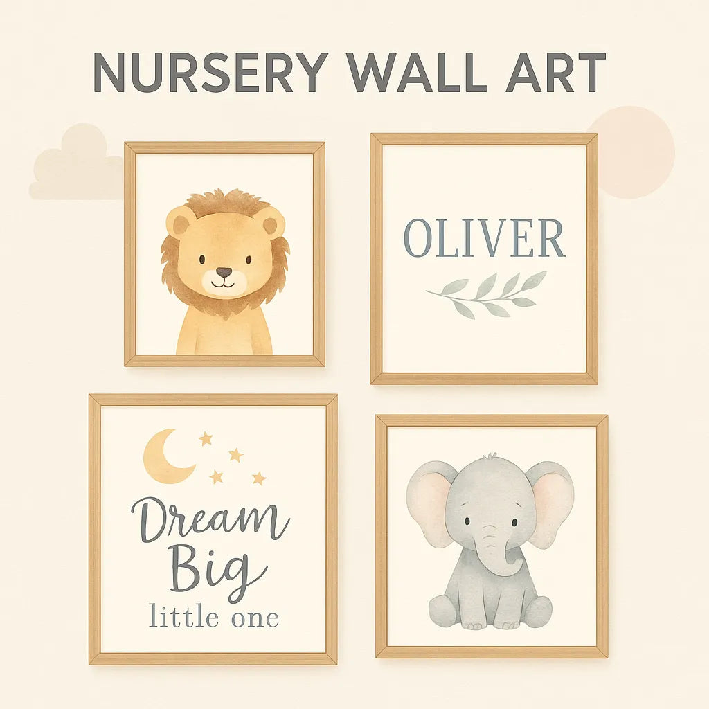 Nursery wall art with lion, elephant, custom name Oliver, and Dream Big little one prints