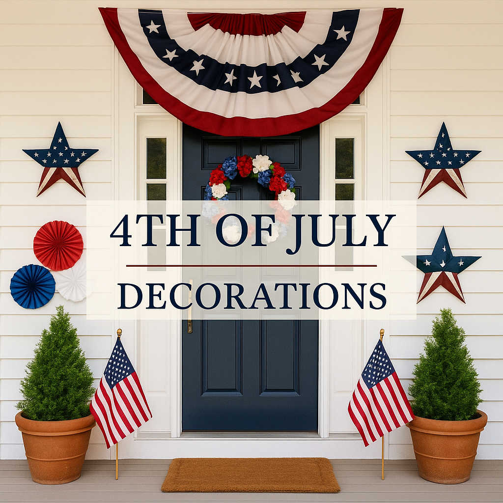 Patriotic 4th of July decorations on a front porch with American flags and stars.