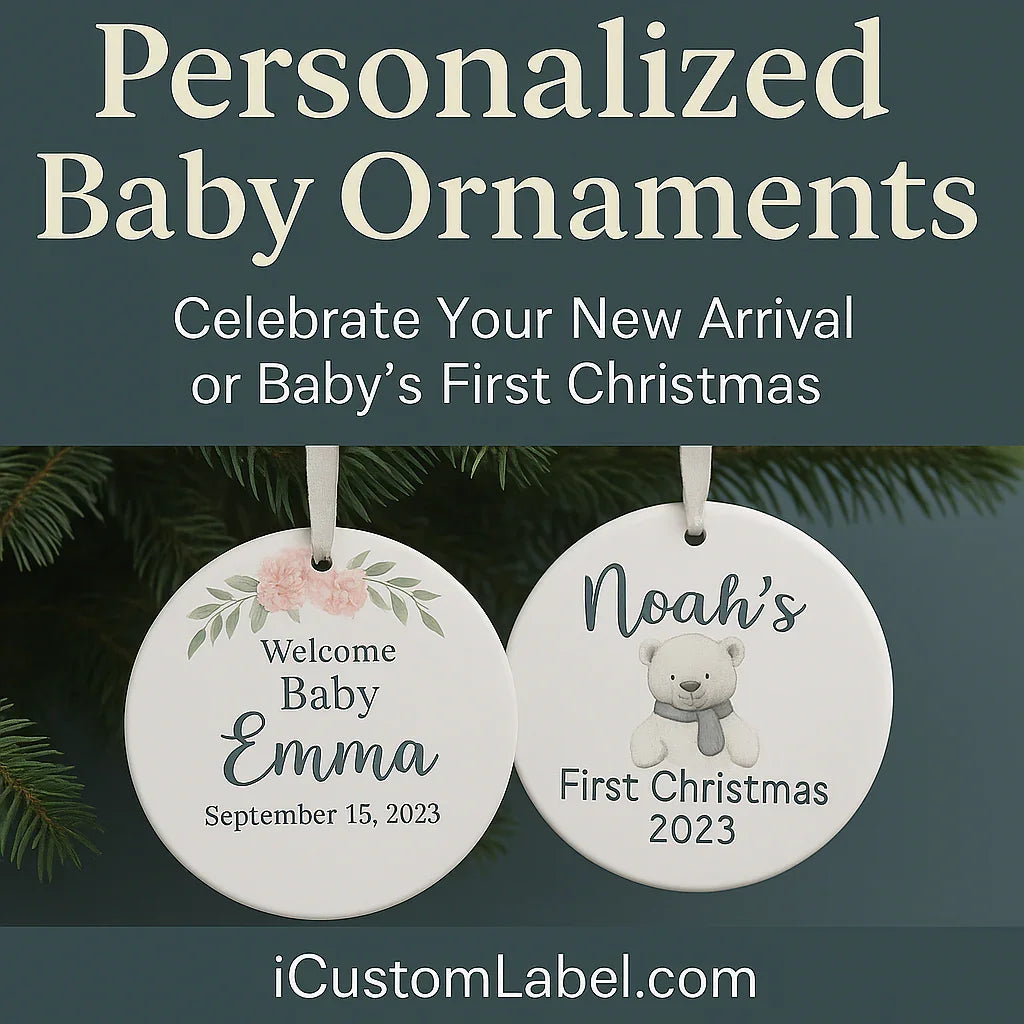 Personalized baby ornaments for baby's first Christmas, custom name, floral and bear designs