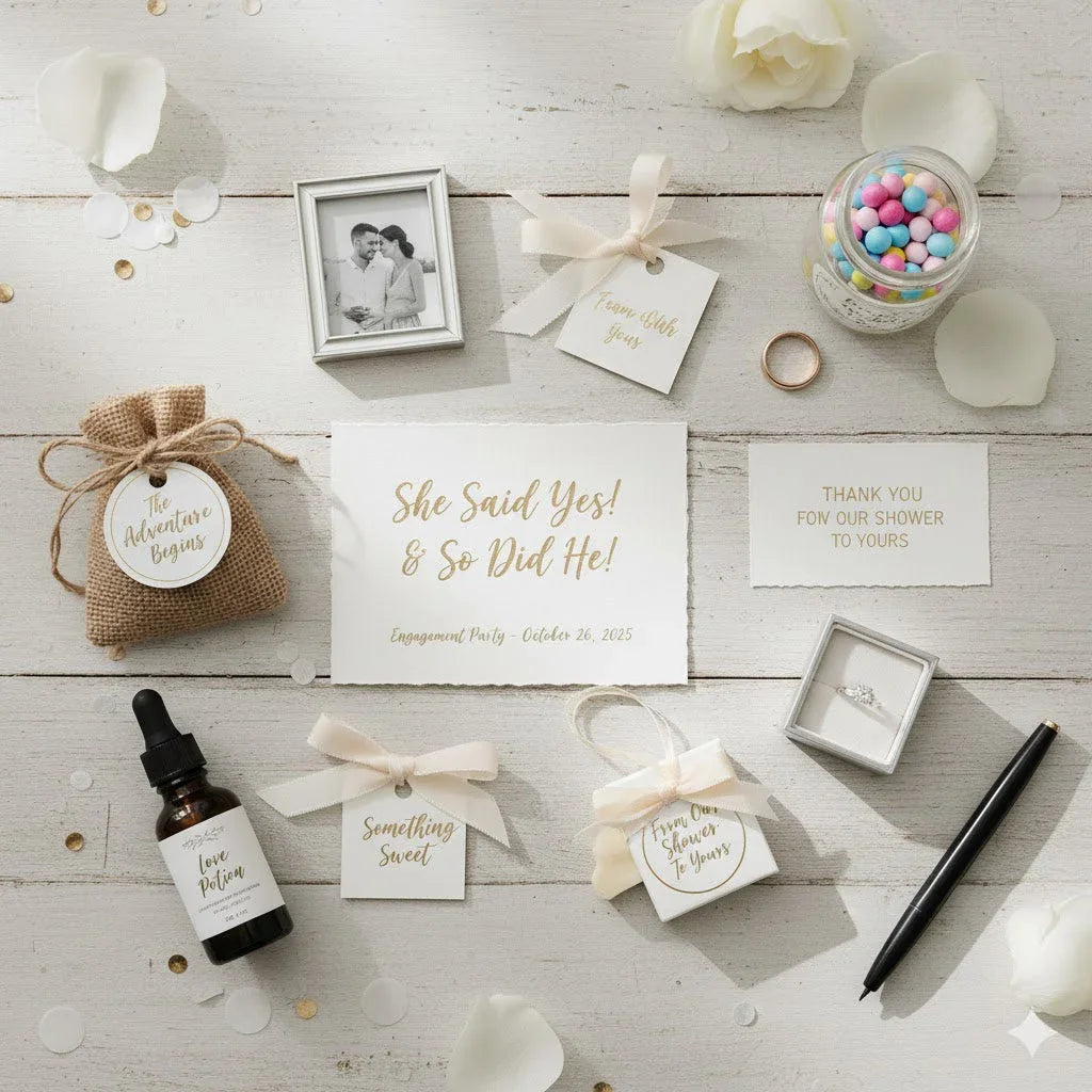 Personalized engagement party favors, custom labels, invitation, and engagement ring on white table.