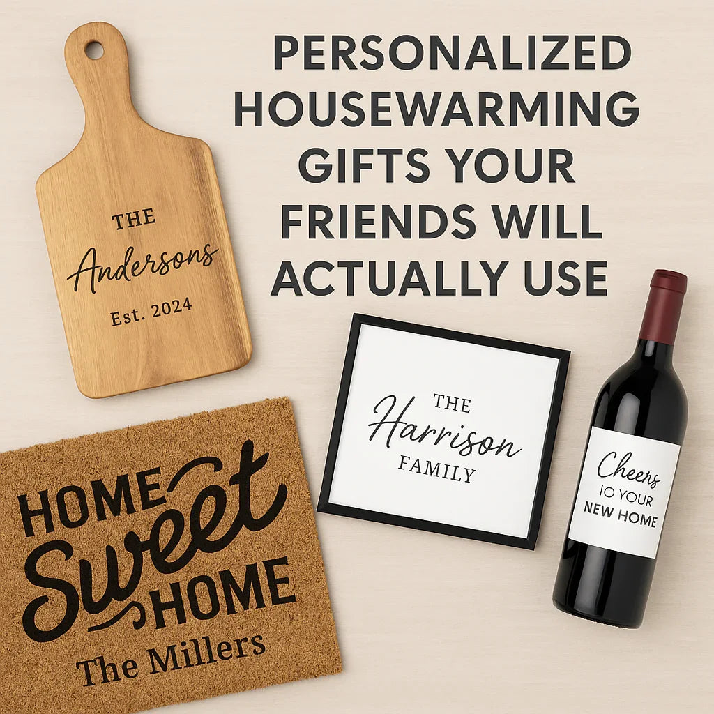 Personalized housewarming gifts including custom cutting board, doormat, framed print, and wine bottle.