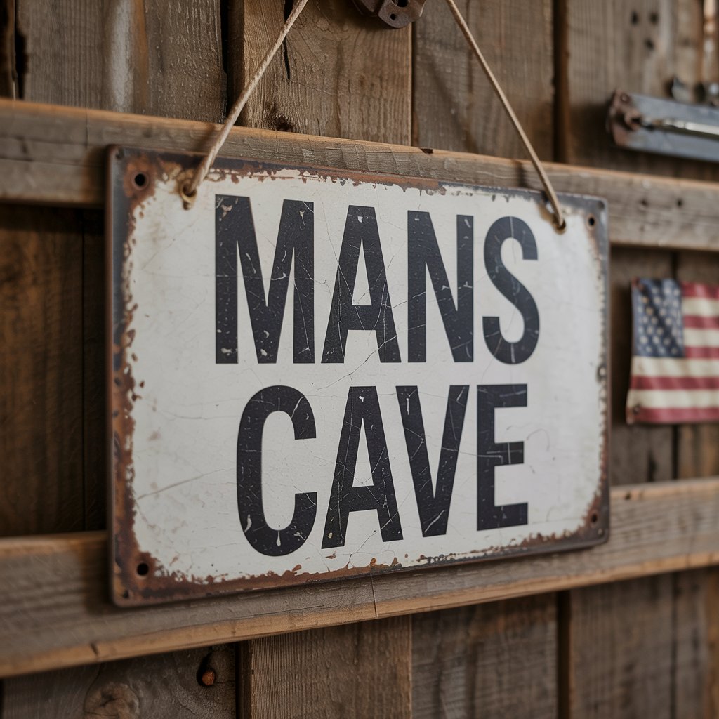 Rustic man cave sign hanging on wooden wall with small American flag