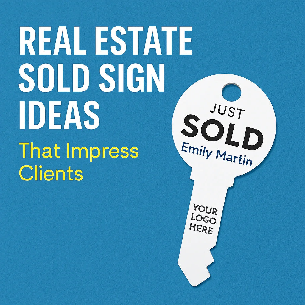 Real estate sold sign ideas text with white key-shaped sold sign on blue background