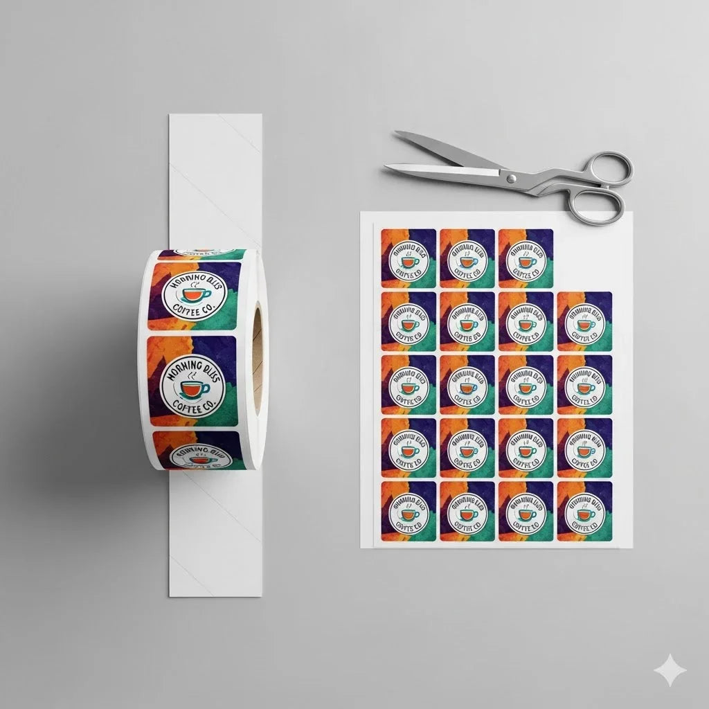 Roll and sheet of Morning Bliss Coffee Co. product labels with scissors on gray background.