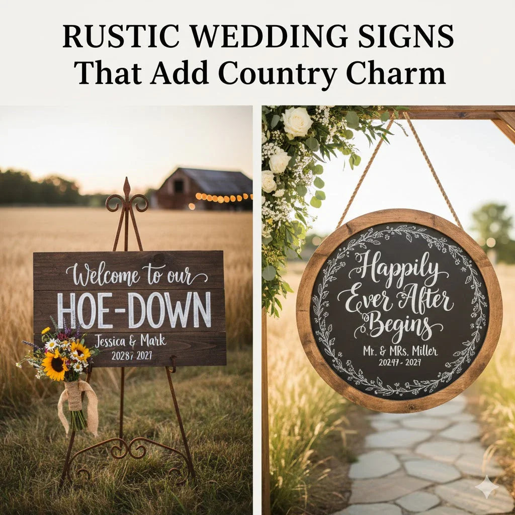 Rustic wedding signs with floral accents in a country outdoor barn setting