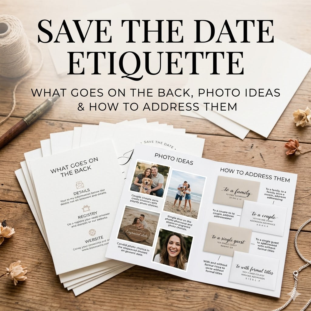 Save the Date Etiquette: What Goes on the Back, Photo Ideas & How to Address Them