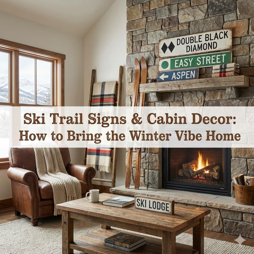 Cozy cabin living room with stone fireplace, ski trail signs, vintage skis, and rustic decor