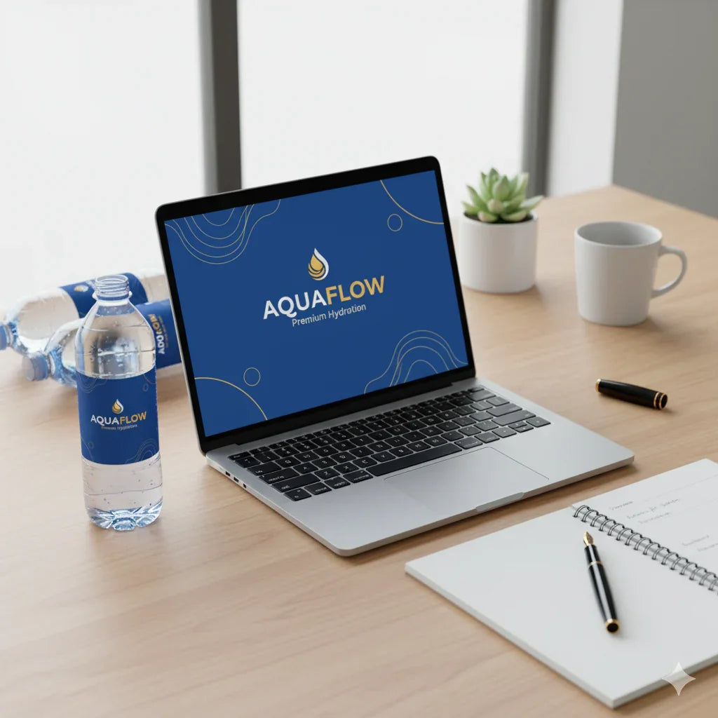 Custom AquaFlow water bottle label on a bottle and laptop in modern office workspace