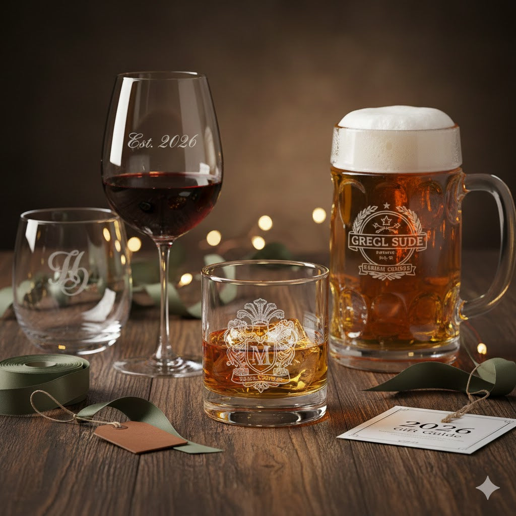 Custom engraved drinking glasses including a wine glass, whiskey glass, beer mug, and tumbler with personalized monograms and text on wooden table